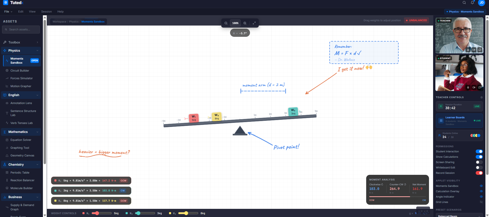 TutedX Synapse Canvas: Moments Sandbox physics lesson with teacher and student video, asset sidebar, teacher controls, and live moment calculations on a gridded workspace.